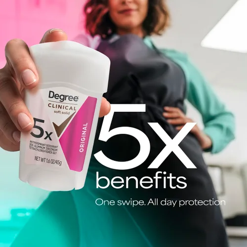 Vista 2 de Degree desodorante y antitranspirante con protección clínica, para ducha de 1.7 oz, 5 en 1, 1.7 onza Para sudar estrés, te ayuda a mantenerte seco