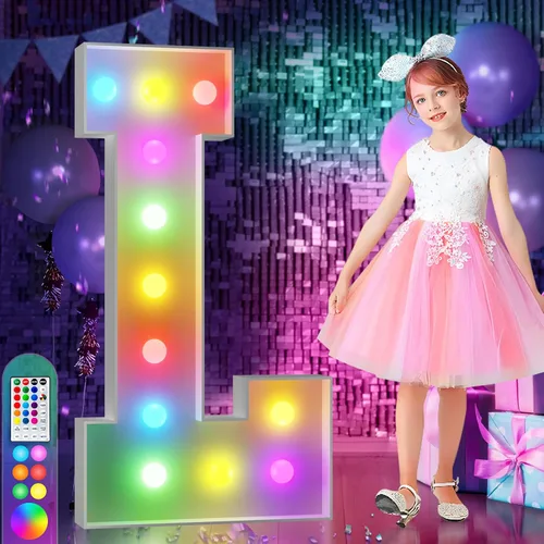 Vista 83 de Imprsv Letras coloridas de marquesina de 3 pies y letras grandes iluminadas RGB con control remoto, decoraciones de fiesta de cumpleaños Carta