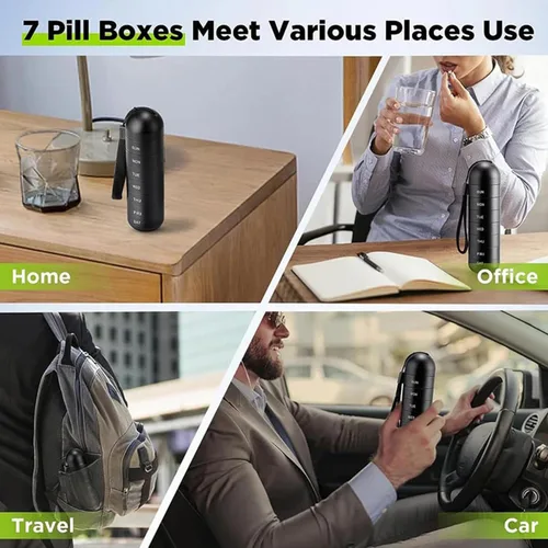 Vista 2 de Pastillero portátil de 7 días para viajes, organizador semanal de píldoras impermeable de aleación de aluminio, pastillero de viaje de 7 días