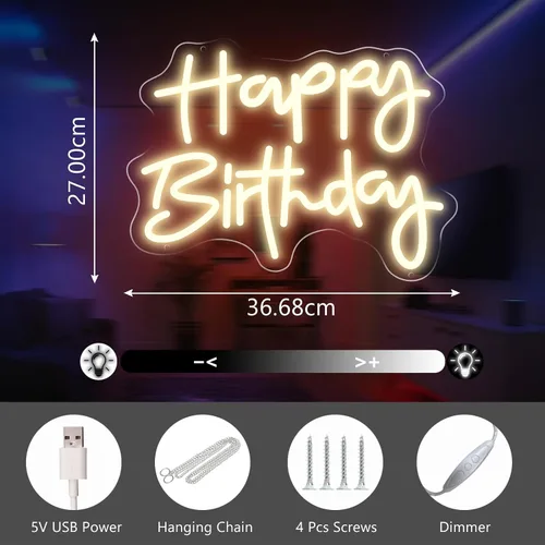 Vista 5 de Letrero de neón de feliz cumpleaños, blanco cálido, alimentación USB