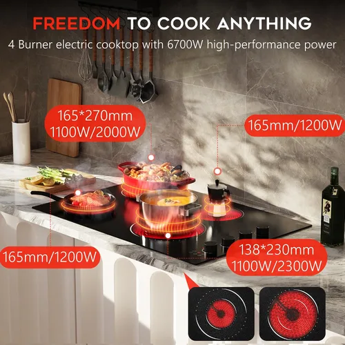 Vista 2 de Placa de cocina eléctrica de 30 pulgadas, estufa eléctrica de 4 quemadores, 6700 W, quemador de doble anillo y quemador ovalado, 9 niveles