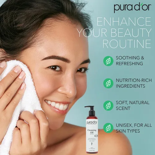 Vista 3 de PURA D'OR Aceite limpiador facial de 8 onzas, mezcla botánica nutritiva con vitaminas, aceite de jojoba y girasol, desmaquillante suave y limpiador