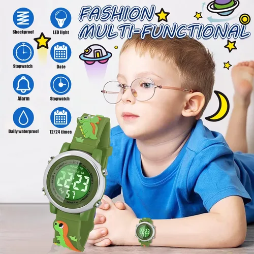 Vista 3 de Relojes para niños con alarma impermeable, regalos de dinosaurios para niños y niñas de 3 a 10 años