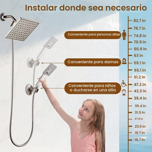 Vista 6 de BRIGHT SHOWERS Cabezal de ducha de lluvia con rociador de mano, juego de cabezal de ducha de lluvia de 8 pulgadas con manguera de 60 pulgadas, juego