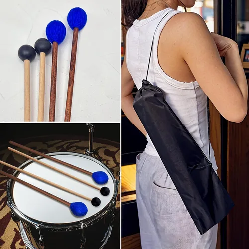 Vista 2 de Kit de mazos de tambor - 2 pares de mazos de marimba de goma e hilo con bolsa para baquetas, accesorios para instrumentos de percusión para tambor