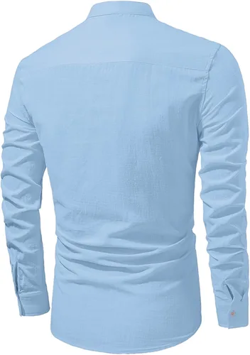 Vista 4 de JMIERR Camisa Henley de algodón y lino para hombre, estilo casual, hippie, de manga larga, con bolsillo
