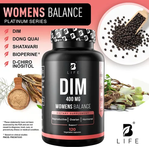 Vista 3 de B Life Company Suplemento DIM 400 mg con Myo & D-Chiro Inositol, Dong Quai - Equilibrio Hormonal para Mujeres - Suplementos de fertilidad