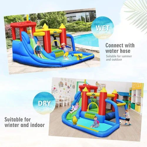 Vista 4 de BOUNTECH Tobogán acuático inflable, parque de toboganes acuáticos 7 en 1 para niños, diversión al aire libre con puerta de fútbol, soplador GFCI