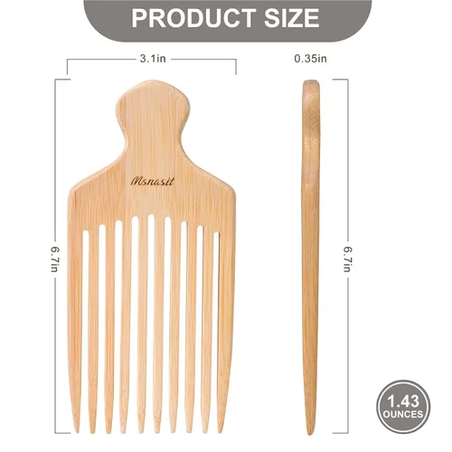 Vista 6 de Peine de bambú para cabello rizado, peine desenredante de dientes anchos de madera premium con mango ergonómico, volumen natural y herramienta