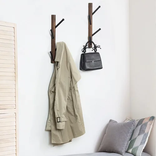 Vista 3 de MyGift 4 ganchos montados en la pared, madera maciza marrón rústica y metal negro para sombrero, perchero vertical para colgar ropa con ganchos