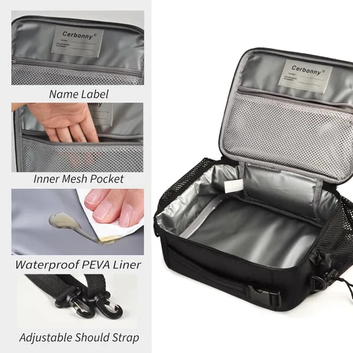 Vista 4 de Cerbonny Lonchera para niños, bolsa de almuerzo aislada para niñas y niños, poliéster duradero con forro de PEVA, correa de hombro ajustable, 10.8