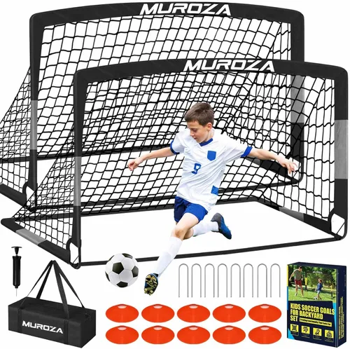 Vista 15 de Portería de fútbol, juego de porterías de fútbol para niños para patio trasero, paquete de 2 redes de fútbol portátiles desplegables con pelota