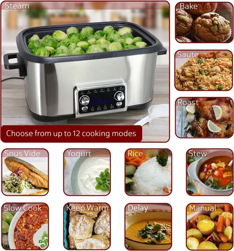 Vista 6 de Olla múltiple de lujo 12 en 1 de 8 cuartos con función Sous Vide, olla a presión eléctrica programable con olla antiadherente, tapa de vidrio