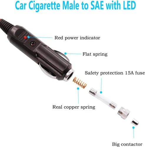 Vista 3 de Cargador de batería SAE para encendedor de cigarrillos, cable de carga de 16 AWG de 12 V, adaptador de liberación rápida, cable de carga con luz