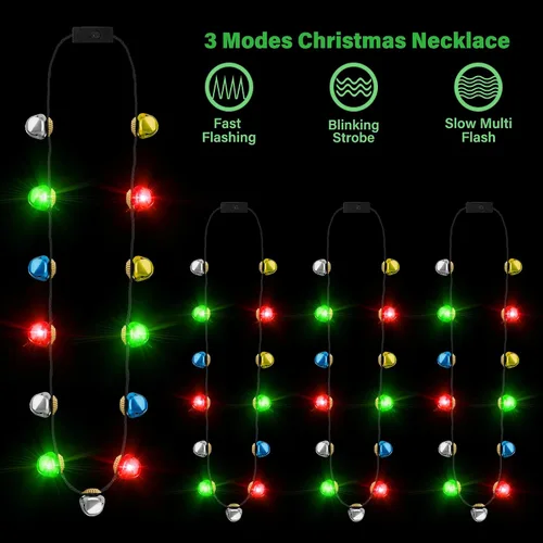 Vista 3 de EOBOH Collar de Luces de Navidad, 3 Piezas Collares de Navidad con Campanas que se Iluminan, Collares de Cascabeles de Navidad para Mujeres