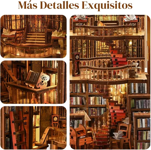 Vista 3 de MiniCity Kit de rincón de libros de bricolaje, escena de madera en miniatura 3D con luces LED, cubierta de polvo y herramientas para decoración