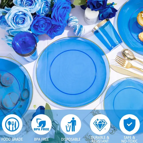 Vista 3 de YOUBET 175 PIEZAS Platos de Plástico Azul Transparente - Platos Desechables Azules y Dorados Incluyen 50 Platos, 75 Cubiertos, 25 Vasos, 25