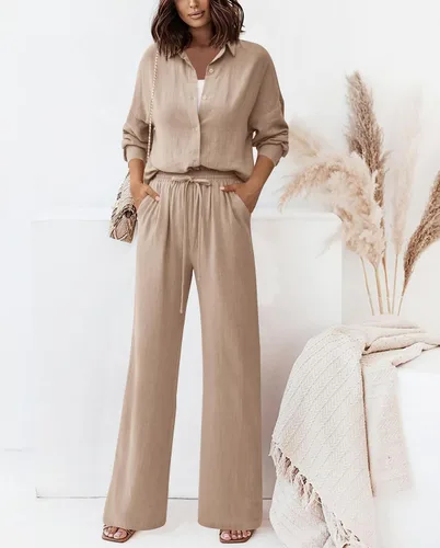 Vista 2 de dowerme Conjunto deportivo casual de 2 piezas para mujer, con botones, con cordón y pantalón largo