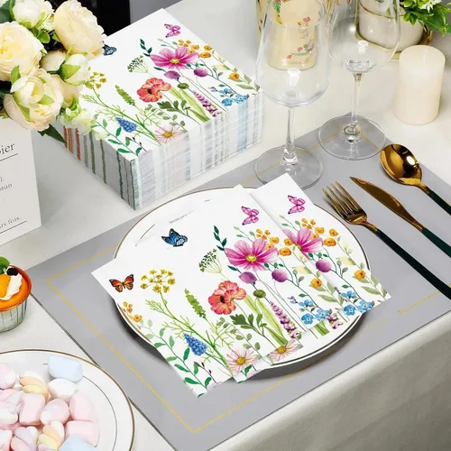 Vista 4 de Teling 100 servilletas de papel florales, 3 capas desechables para invitadas/servilletas de cóctel, servilletas de fiesta de flores silvestres