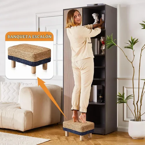 Vista 5 de Wimarsbon Reposapiés Otomán Rectangular de Hierba Marina Natural Reposapiés Pouf Otomanes con Patas de Madera Tejido a Mano Taburete Escalón