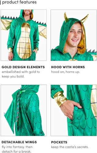Vista 4 de Tipsy Elves Disfraz de dragón para hombre mono de monstruo mítico verde de Halloween