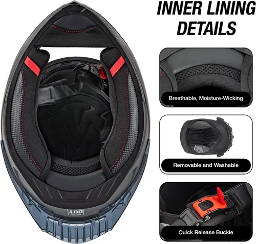 Vista 7 de Cascos de motocicleta de cara completa para adultos, casco de motocicleta para hombres y mujeres, aprobado por DOT con 2 viseras extraíbles