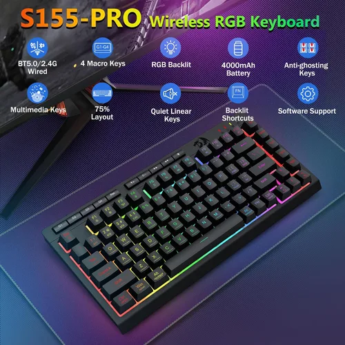 Vista 3 de Redragon Combo de teclado y mouse inalámbricos para juegos, Bluetooth2.4GUSB-C con cable, retroiluminación RGB, teclado macro de membrana recargable
