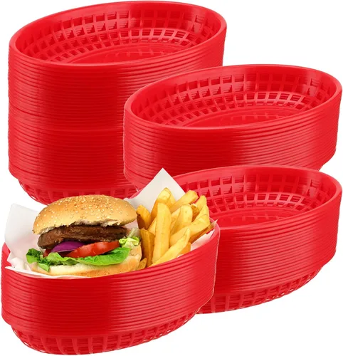 Vista 10 de Paquete de 40 cestas de plástico negro de 8.9 x 5.7 x 1.6 pulgadas, cestas para servir restaurantes, bandeja ovalada de comida rápida para picnic