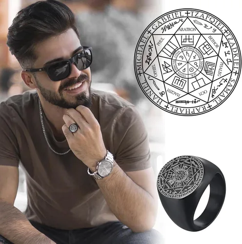 Vista 3 de Hisatan Anillo de sello The Seal of The Seven Archangels para hombre Anillo de acero inoxidable con sello de ángeles para motociclista Joyería