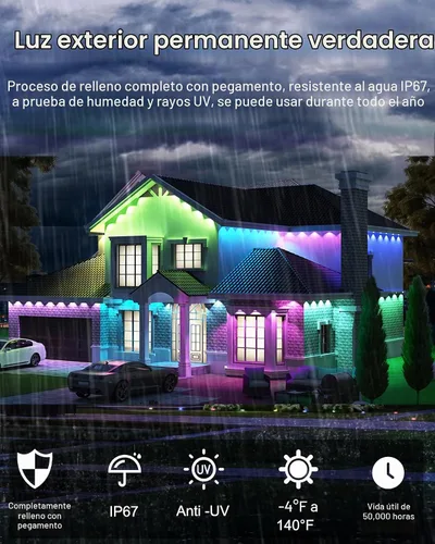Vista 9 de Guirnalda de luces permanentes para exteriores, 50 pies RGBW+IC Smart LED aleros luces impermeables IP67, aplicación y control remoto, iluminación