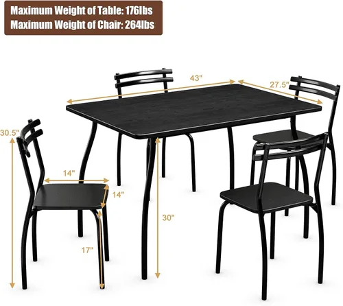 Vista 6 de GIANTEX Juego de mesa de comedor de 5 piezas para 4, mesa de cocina rectangular de 43 pulgadas y 4 sillas de comedor con patas curvas de metal