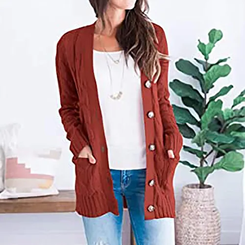 Vista 7 de Cárdigan para mujer suéteres gruesos de talla grande manga larga parte delantera abierta abrigo de punto trenzado con bolsillos ropa exterior