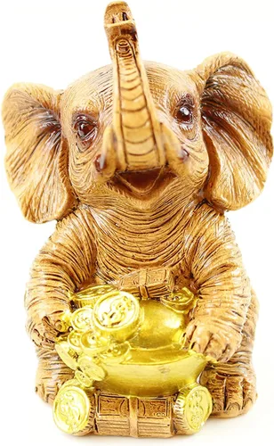 Vista 2 de Juego de 4 estatuas de tronco de elefante dorado, riqueza de la suerte de Feng Shui, decoración del hogar, cumpleaños, felicitación, regalo