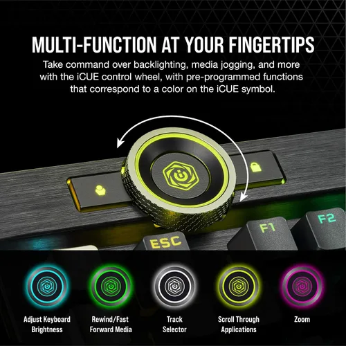Vista 4 de Corsair Teclado mecánico óptico K100 RGB para juegos - Corsair OPX RGB - Teclas ópticas y mecánicas - Tecnología AXON de hiperprocesamiento para un