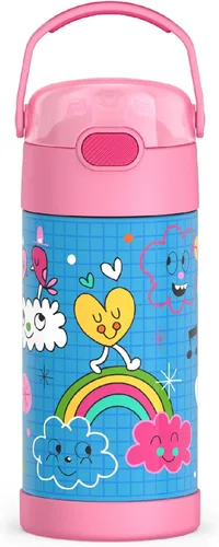 Vista 30 de THERMOS FUNTAINER - Botella de agua con pajilla, 12 onzas, botella de agua de acero inoxidable aislada al vacío para niños con tapa, color negro
