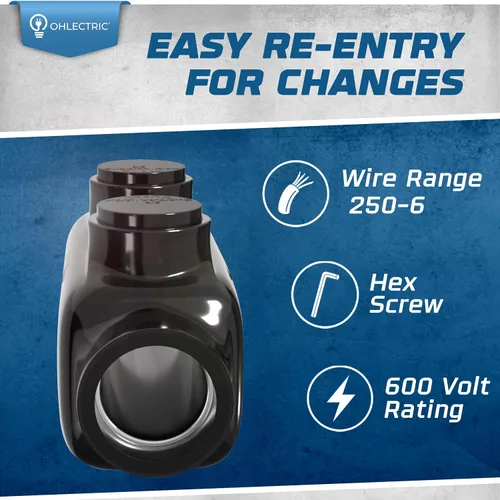 Vista 2 de Conector de cable eléctrico en línea para elevador, empalme negro aislado, 250–6 AWG, tornillo hexagonal de 5/16 ″, inhibidor de óxido
