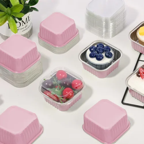 Vista 4 de 50 tazas cuadradas de papel de aluminio para hornear con tapas, moldes desechables de 5 onzas para tartas, recipientes para hornear cupcakes