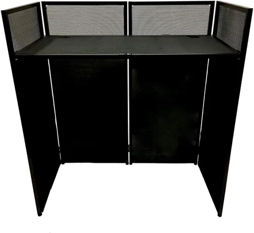 Vista 5 de Fachada para Eventos de DJ Scrim Blanco/Negro Marco de Metal Cabina + Mesa Plana de 20" x 40" Incluye Paneles Blancos y Negros + Estuches