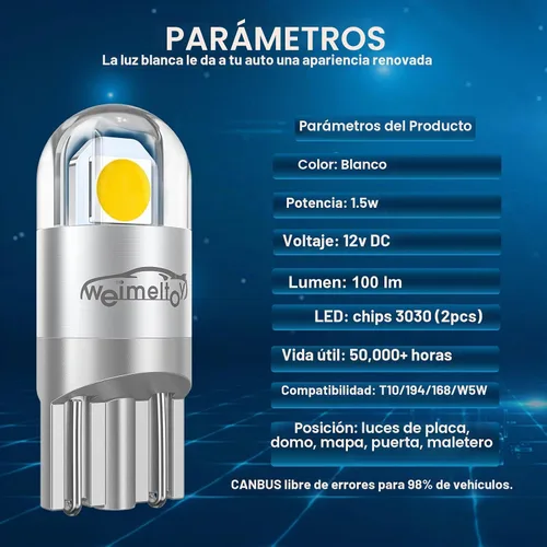 Vista 4 de 194 Bombilla LED para Automóvil, 1.5W, 12V, Blanco, Tipo Cuña T10, Ángulo de Iluminación de 360 Grados, Chipset 2SMD 3030, 4 Chips 3030 de Alto