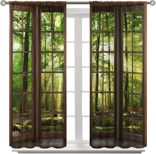 Vista 15 de Cortinas con Vista Natural, Estampado de Patrón de Río y Bosque Hermoso para Ventana, Cortinas Oscuras Aisladas para Dormitorio o Sala de 2 Paneles