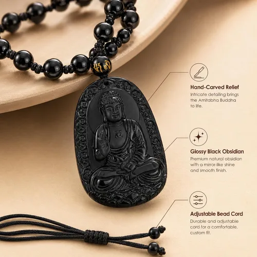 Vista 4 de Obsidian Guardian Buddha Amulet - Zodiac Feng Shui Necklace, symbolizing wisdom and wealth Perro negro y cerdo