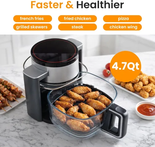 Vista 8 de HealSmart Freidora de aire de vidrio 10 en 1: freidora de aire no tóxica de 4.7 cuartos de galón con aire crujiente rápido, recalentamiento