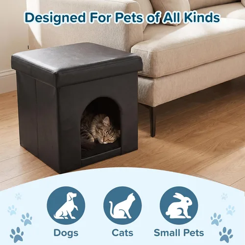 Vista 5 de Cat House - Otomana plegable multiusos para perros o gatos pequeños con reposapiés, parte superior acolchada y almohada interior (negro)
