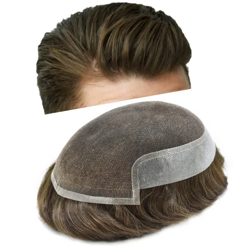 Vista 15 de Hombres Toupee Sistema de Cabello Humano Real para Hombres Encaje Suizo Toupee Para Hombres Nudos Blanqueados Hombres Hairpieces Pieza Para Hombres