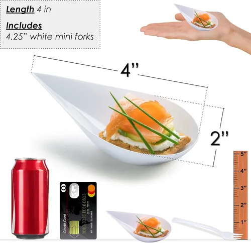 Vista 3 de DLux 100 mini platos de aperitivo de 4 pulgadas con tenedores, cucharas de plástico blanco reutilizables, platos para servir postres y aperitivos