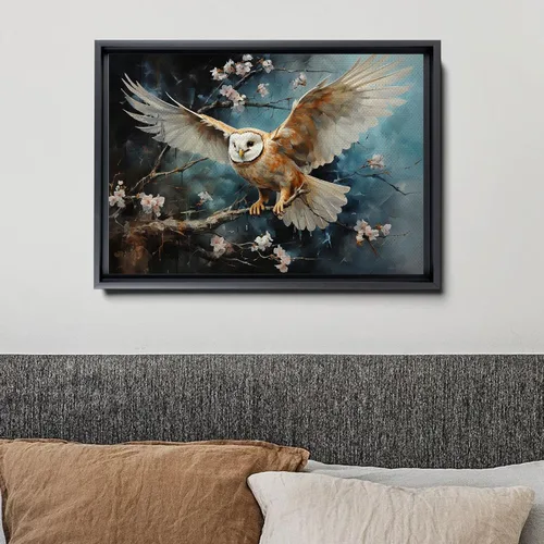Vista 4 de Flying owl with trees, leaves, forest double exposure, nature animal, owl illusion art, wrapped framed canvas print, office wall art