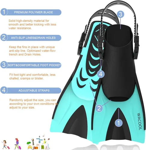 Vista 4 de WACOOL Aletas cortas de viaje ajustables para adultos, tamaño de viaje, aletas de hoja corta para esnórquel, buceo, buceo, natación y entrenamiento