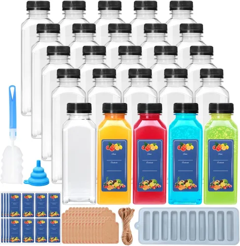Vista 9 de Flrolove Paquete de 36 botellas de jugo de 4 onzas, botellas de plástico para jugo con tapas, recipientes vacíos transparentes con tapas para jugos