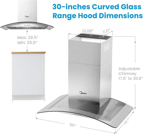 Vista 2 de Midea MVG30W8AST Campana extractora de ventilación de 30 pulgadas con conductos de montaje en pared con ventilador de escape de 450 CFM de 3
