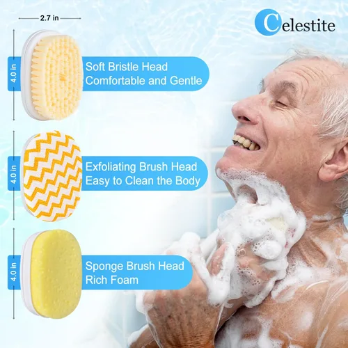 Vista 7 de Celestite Cepillo de ducha de mango largo de 20 pulgadas para cuerpo, limpiador de espalda para ducha con 3 cabezales de cepillo, exfoliación